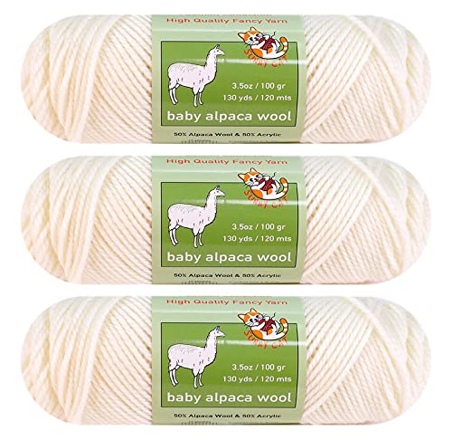 3-Pack Baby Alpaca Wool Blend Yarn Worsted Weight Fashion Collection Art Crafts Crochet and Knitting Sunny Cat Premium Brand (White) Sunny Cat