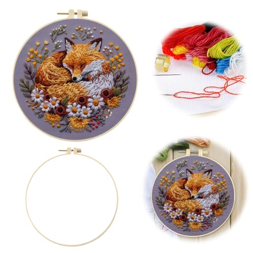 Needlework Embroidery Kit for Beginners,Cute Fox Pattern Handmade Cross Stitch Sewing Art Craft Kit with Stamped Design Cotton Threads Needles Hoop for Home Decor