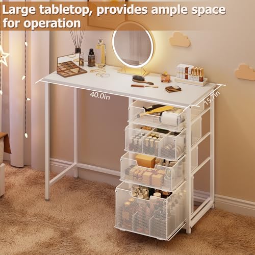 White Vanity Desk with 4 Large Drawers, 40“ Vanity Desk no Mirror, Small Makeup Vanity with Visual Large Capacity Iron Drawer with classification grid, Desks for Home Office Small Space with Storage Hcaauynk