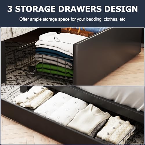 VECELO Full Size Bed Frame with 3 Storage Drawers, Leather Upholstered with Diamond Tufted Headboard, Solid Wood Slat Support & Steel Framework, PU & Black VECELO