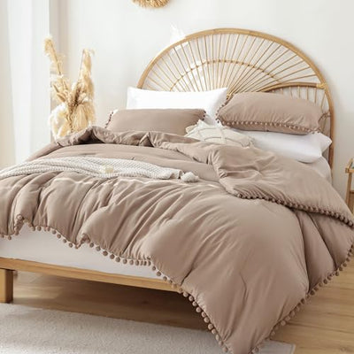 YIRDDEO Twin Comforter Set - Comforter Twin Size Bed with Ball Pom Fringe, Soft Bedding Set for All Seasons - 2 Pieces, 1 Comforter (66"x90") & 1 Pillow Sham(20"x26"), Taupe