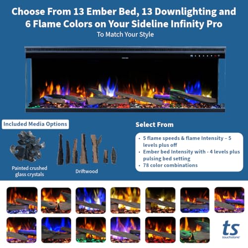 Touchstone Sideline Infinity Pro 3-Sided Smart 60" WiFi-Enabled Electric Fireplace - 80046 - Built-in - 6 Realistic Flame Colors- 13-Color Down Lighting- Crackle Sound- 1,500W Heater Touchstone