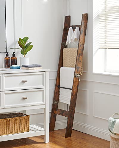 Hzuaneri Blanket Ladder Shelf for Living Room, Decorative Wood Quilt Rack with 4 Removable Hooks, 5-Tier Farmhouse Ladder Holder Organizer for Bedroom, Rustic Brown 02101BBR Hzuaneri