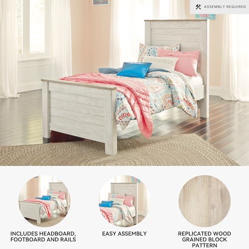 Signature Design by Ashley Willowton Casual Twin Panel Bed with Metal Slats, Foundation or Box Spring Needed, Whitewash Signature Design by Ashley