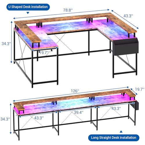 Garvee 79 Inch u Shaped Computer Desk,Large Gaming Desk with Power Outlets & LED Lights,Reversible l Shaped Desk for Home Office Work and Gaming,Rustic Brown Garvee