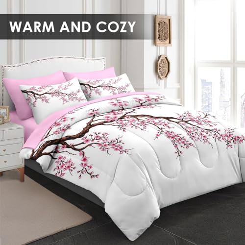 Pamnest Comforter Set King Size, Japanese Cherry Blossom 7 Pcs Bedding for Kids and Adults, Flower Painting Pink Bed Sheet Sets with Fitted Sheet 2 Pillowcase & 2 Sham for Bedroom Bed Decor Pamnest