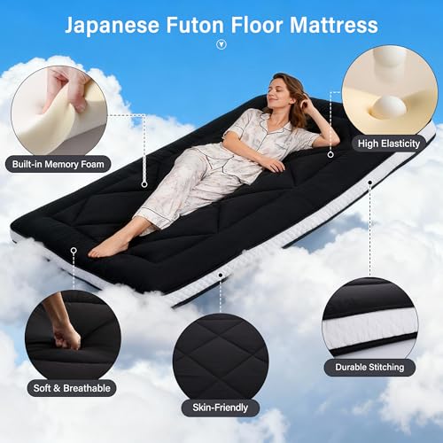 Welnow Japanese Futon Floor Mattress, Thick Full Size Tatami Mat Portable & Foldable Roll Up Floor Bed Mattress with Storage Bag, Sleeping Pad for Adults, Dorm, Guest Bed, Camping and Travel, Black Welnow