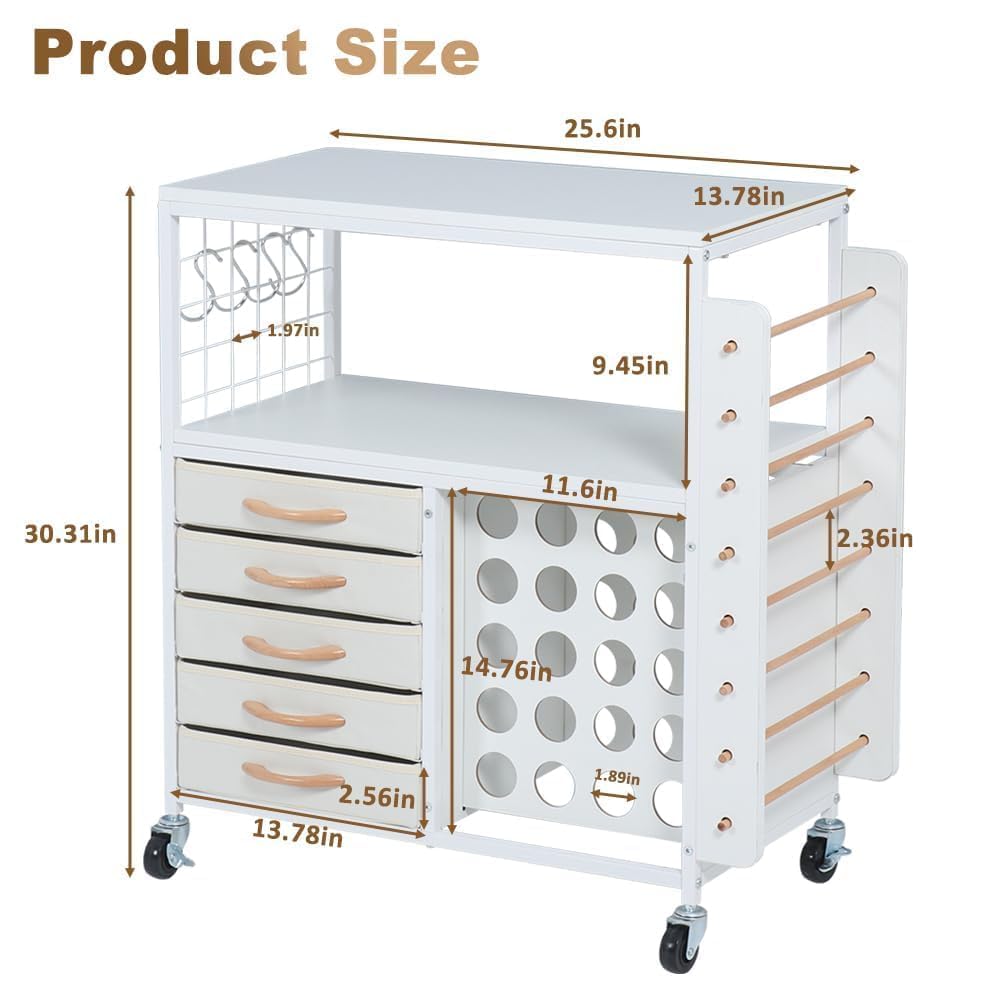 LUCKUP Organization and Storage Craft Table for Cricut Machines, Rolling Cart Cabinet with 28 Vinyl Roll Holders and 5 Drawers, Heat Press Stand Crafting Storage Cart with Hooks LUCKUP