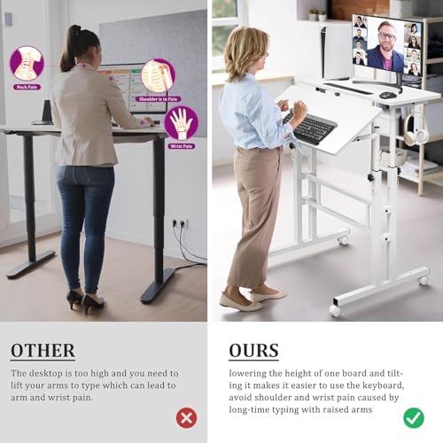 Simple Deluxe Split Top Rotating Standing Desk on Wheels – 23.6" Manual Adjustable Height Mobile Laptop Computer Table – Sit Stand Rolling Workstation with Tilt Function – White Simple Deluxe