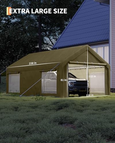 GarveeLife 10x20 Ft Carport, Car Port with 200g PE Tarp, Roll-Up Doors, and 4 Windows, for Sedans, Bass Boats, Motos, ATVs, and SUVs, Khaki GarveeLife