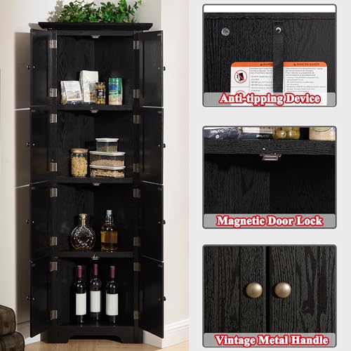 TRJQBCC 72" H Farmhouse Corner Storage Cabinet with 8 Doors & 4 Shelves, 4 Tier Kitchen Corner Pantry Cabinet Wooden Organizer Case Bookshelf, Home Space Saver Cabinet for Kitchen,Living Room(Black) TRJQBCC