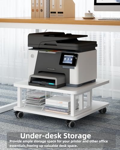 AOOSSI Mobile Printer Stand, 2-Tier Large Printer Shelf for Laser 3D Printer Office Machine with Storage, 23.6"x23.6" Wood Printer Cart Under Desk Rack with Wheels for Office Home Kitchen (White) AOOSSI