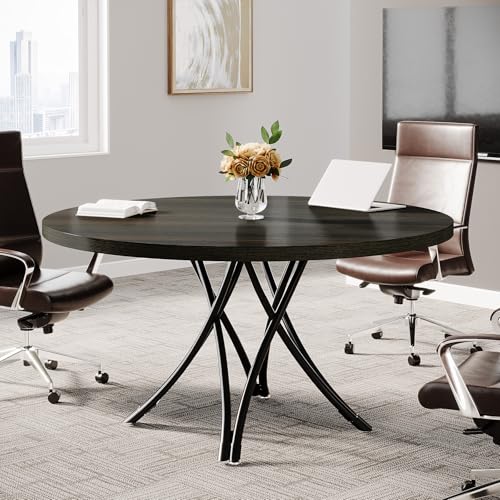 Tribesigns 47" Round Conference Table for 4-6, Modern Office Meeting Table with Metal Cross Legs for Office, Conference Room, Small Spaces (Black) Tribesigns