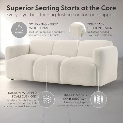 Sierra Modern 83 in. Ivory Boucle Handcrafted Contemporary Sofa for Living Room or Couch for Family Room with Rounded Arms Armen Living