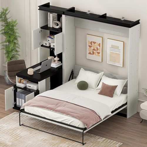 SOFTSEA Full Size Murphy Bed with Desk and Storage Shelves and Cabinets, Black+White SOFTSEA