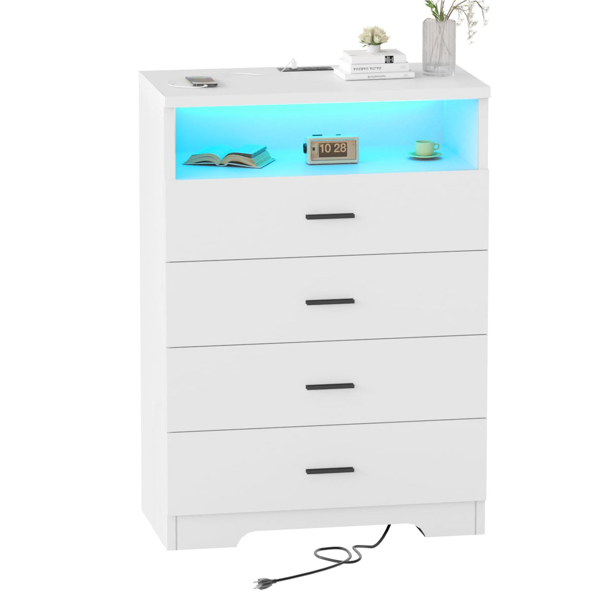 FJTJBSI Dresser with Power Outlets and LED Lights Wooden 4 Drawer Dresser with Large Organizer Tall White Dresser for Bedroom Chest of Drawers Closet Modern Dresser for Living Room Kids Room FJTJBSI