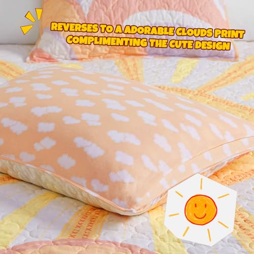 Intelligent Design Kids Twin Quilt Bedding Set, Cotton Coverlet Sun Girls Bedding Set Rainbow & Clouds Reversible Dawn Light & Breathable Sham Throw Pillow Twin Yellow/Coral 3 Piece Intelligent Design