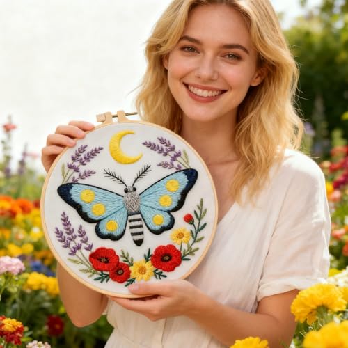 BEUNITONE 6 Set Moth Embroidery Kit for Adults Beginners, DIY Needlepoint Craft Kits with Instructions and Hoops, Complete Starter Set for Adults, Funny Hand Embroidery for Fabric and Home Decor