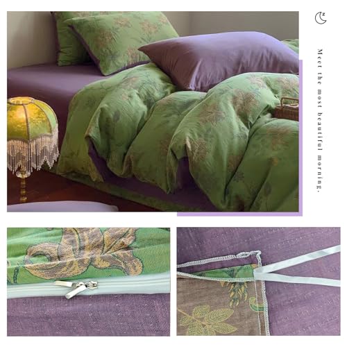 VM VOUGEMARKET Linen Cotton Jacquard Duvet Cover Queen,3 Pcs Yarn-Dyed Textured Duvet Cover Set Green Purple Floral Bedding Breathable, Natural Wrinkled Look-No Comforter VM VOUGEMARKET