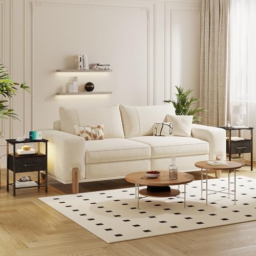 TRIFEBLE Night Stand Set 2, End Table with Charging Station, LED Bedside Table with Fabric Drawer for Bedroom, 3-Tier Side Table with Open Shelf, Black TRIFEBLE