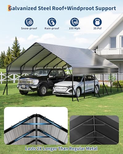 Garvee 20'x25'x13.4' Metal Carport, Heavy Duty Car Ports Kit All-Weather for 2 Full-Size Pickup Trucks, Boats, RVs, Tractors, Reinforced Frame with Anchors Garvee