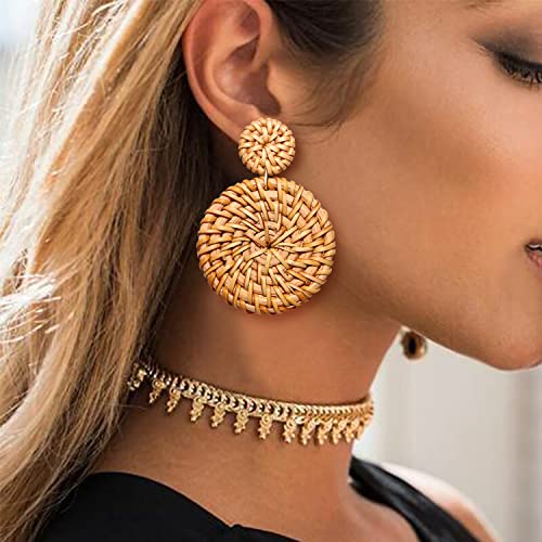 Rattan Earrings Statement Rattan Ball Hoop Earrings for Women Straw Earrings Woven Dangle Drop Earrings (Rattan Earrings Set) (D Rattan Earring Set) HSWE