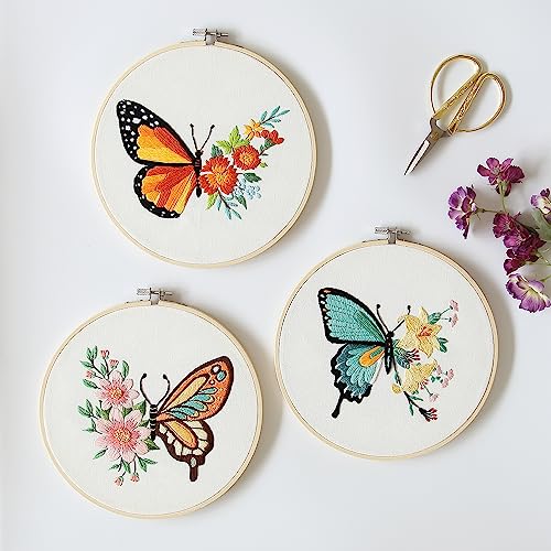Bonroy 4 Sets Embroidery Kit for Beginners,Embroidery Art Craft Handy Sewing Include Clothes with Pattern,Embroidery Hoops, Instructions,Color Threads Needle (Butterfly) (CX-55)