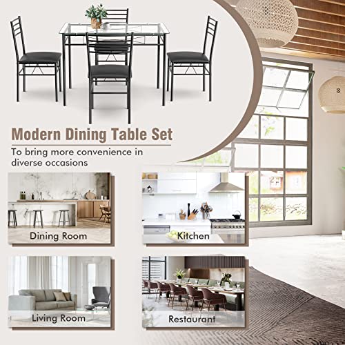 Tangkula Dining Table Set, 5 Pieces Dining Set with Tempered Glass Top Table and 4 Chairs, Kitchen Dining Room Furniture, Black Tangkula