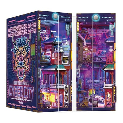 Tonecheer DIY Book Nook Kit for Adults, Wooden 3D Puzzle Bookend Bookshelf Insert Decor, Cyber Punk Booknook Miniature House Kit with Dust Cover and Body Motion Sensor LED (Cyber City)