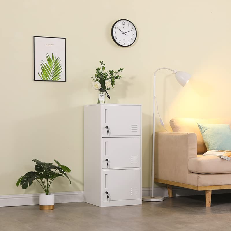 3 Door Metal Vertical Storage Locker for Kids Bedroom, Children Room, School, Office, Home ,Stackable Steel Storage Cabinet for Toys, Clothes & Sports Equipment,Anti-falling Device. (3D, white) DAYTOYS