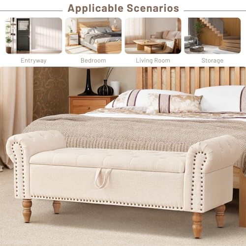 Furniliving 51” Storage Bench, End of Bed Bench with Button-Tufted Large Upholstered Storage Ottoman Linen Window Bench with Storage Shoe Cabinet Bench, for Bedroom, Entryway, Closet, Beige Furniliving
