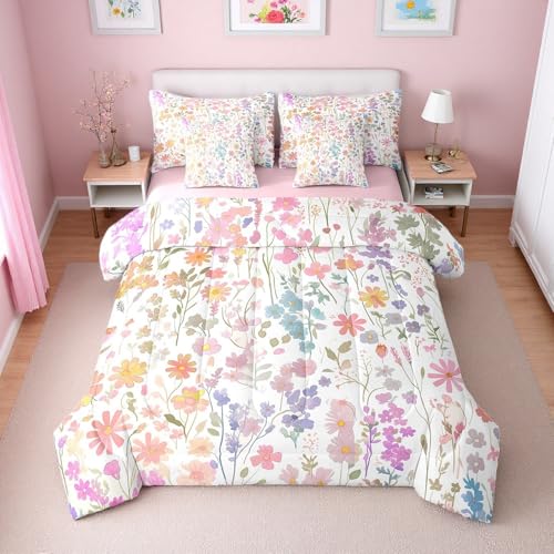 Erosebridal 7 Piece Cute Pink Floral Comforter Set Twin with Sheets,Boho Colorful Flower Bedding Set for Kids Girls Women,Bohemian Wildflower Bed Set Rustic Flowers Bed in a Bag with Pillowcases Erosebridal