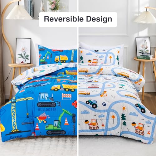 Holawakaka Trucks Excavator Cars Boy Bedding Comforter Set with Sheets, Twin Size Cartoon Construction Car Tractors Print Kids Bed in A Bag 5-Piece, Boys Reversible Dorm Bed Sets (Blue Twin) Holawakaka