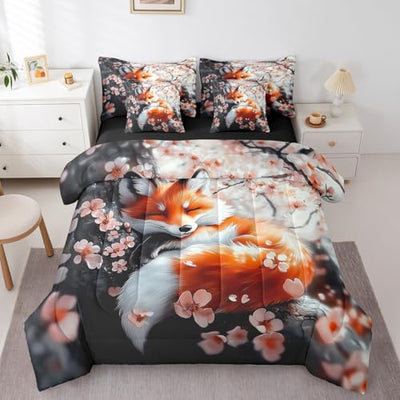 Feelyou Fox Comforter Set with Sheets Queen Size Kids Japanese Cherry Blossoms 7 Pieces Bedding Set for Boys Girls Teens Cute Cartoon Fox Bed in a Bag Woodland Fox Bed Set Nature Wildlife
