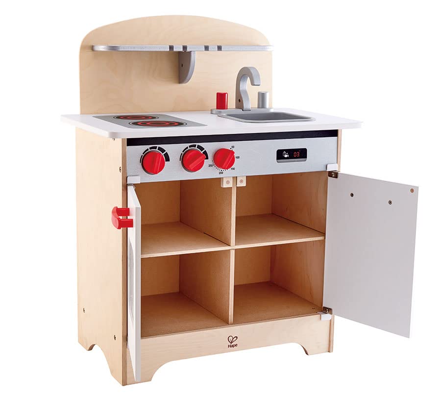 Hape Gourmet Kitchen Toy Fully Equipped Wooden Pretend Play Kitchen Set with Sink, Stove, Baking Oven, Cabinet, Turnable Knobs & Spice Shelf, White Hape