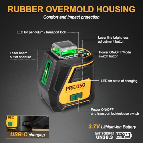 PREXISO 360 Laser Level with Tripod - IP54 Rechargeable Wide Angle Vertical Line Laser, 100Ft Green 3 Brightness Adjustment Self Leveling Cross Line for Construction, Floor Tile, Renovation Prexiso