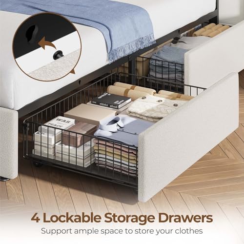 Rolanstar Twin Bed Frame with 4 Storage Drawers and Charging Station,Twin Bed with Led Lights, 2 USB & 1 Type C, Adjustable Headboard 38.9/40.8 Inches, No Box Spring Needed, White Rolanstar