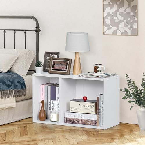 YAHARBO 2 Cube Bookshelf, White Record Player Stand with Vinyl Storage Up to 100 Albums, Horizontal Low Book Shelf, Mini Bookcase with Storage Organizer, Small Turntable Stand for Living Room, Bedroom YAHARBO
