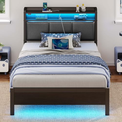 Rolanstar Bed Frame Twin Size with Charging Station and LED Lights, PU Leather Headboard with Storage Shelves, Heavy Duty Metal Slats, No Box Spring Need, Noise Free, Easy Assembly, Black Rolanstar