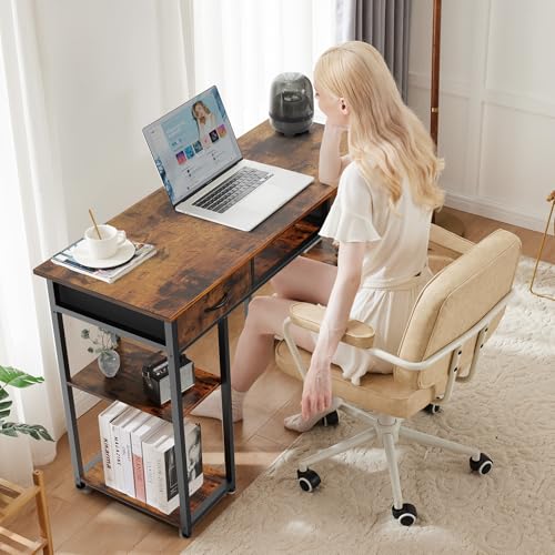 Sweetcrispy Computer Desk 48 Inch Home Office Bedroom Writing Study PC Table with Fabric Drawers Storage Shelves Space Side Bag Headphone Hook Metal Frame Adjustable Feet Modern Simple Style Sweetcrispy