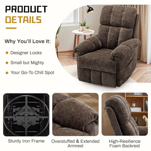 Korser Recliner Chair, Swivel Rocker Recliner Chair for Adults, Small Recliners for Small Spaces, Upholstered Manual Recliner with Side Pockets, Nursery Rocking Chair for Living Room, Chenille, Brown