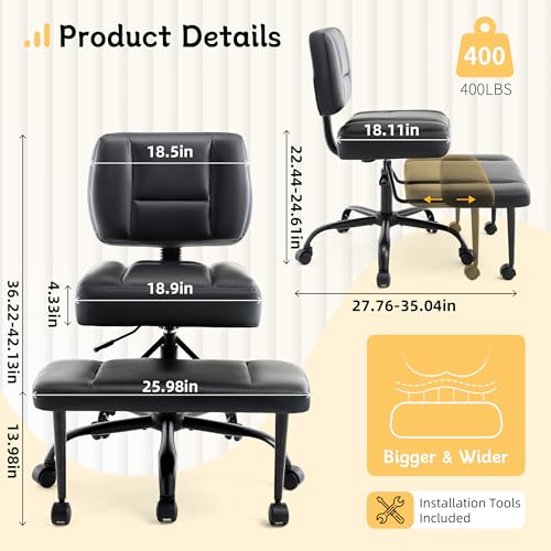 Criss Cross Legged Office Chair with Wheels,Swivel Meditation Chair for ADHD,Ergonomic Cross Legged Desk Chair with Thicken Adjustable Footstool,PU Sitting Fidgeting Kneeling Chair for Home Yoga Black BIGGARSIT