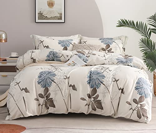 SLEEPBELLA Comforter King Size, 600 Thread Count Cotton Brown Branches and Blue Flowers Off-White Comforter Sets, Down Alternative Bedding Set 3Pcs(King, Off-White Botanical) SLEEPBELLA