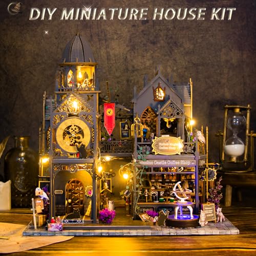 Mostop DIY Miniature House Kit: 3D Wooden Puzzle for Adults Miniature Kit, Magic Castle Tiny Model Dollhouse Kit with LED Light, Mini House Building for Adults & Teens, Creative Crafts for Women