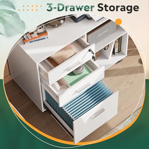 DEVAISE 3-Drawer Wood File Cabinet with Lock, Mobile Lateral Filing Cabinet, Printer Stand with Open Storage Shelves for Home Office, White DEVAISE