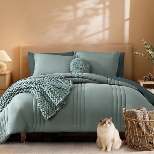 Monbix Full Size Comforter Sets - 7 Pieces Sage Green Bed in a Bag Full Size Bedding Sets with Comforter, Sheets, Pillowcases & Shams Monbix