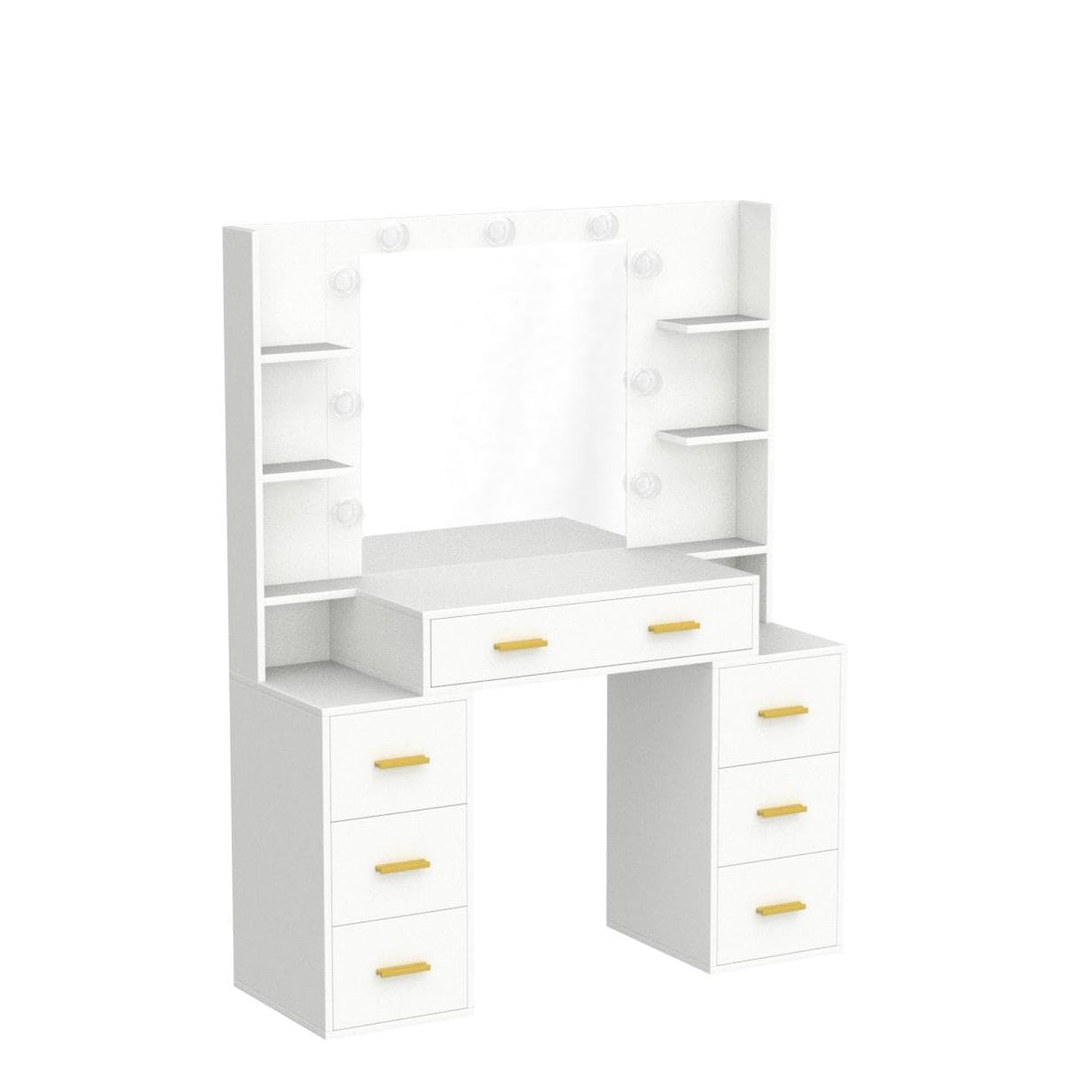 PAKASEPT Vanity Set with Lighted Mirror, 43'' Makeup Vanity with Charging Station, Vanity Desk with 9PCS LED Bulb, Storage Shelves, 7 Drawers for Bedroom(No Stool) PAKASEPT