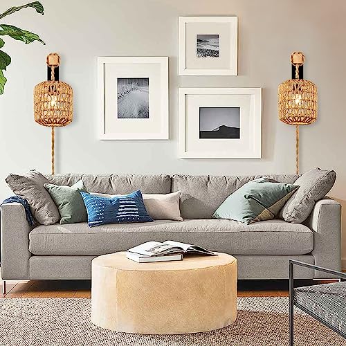 Capslad Plug in Wall Sconces Set of Two Dimmable Boho Rattan Wall Lamp with Wood Arm Rustic Wall Mount Lamp with Hemp Rope Cord Farmhouse Wall Light Fixture for Bedroom Living Room Hallway Entryway Capslpad
