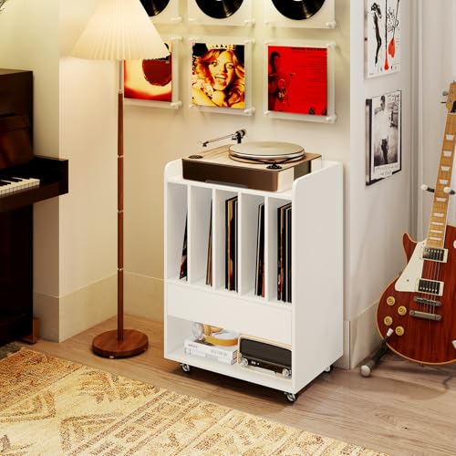 Giantex Record Player Stand, Rolling Turntable Stand with Drawer & Lockable Wheels, Record Player Table Holds Up to 150 Albums, Vinyl Record Storage for Living Room Bedroom, White Giantex
