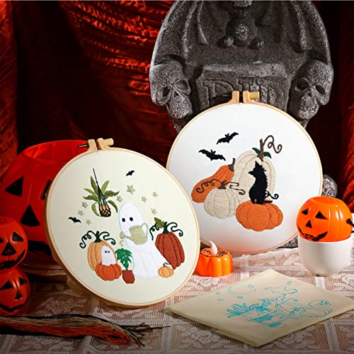 Yuxung 5 Sets Embroidery Kit for Beginners Adult Fall Thanksgiving Embroidery with Pumpkin Maple Leaf Pattern DIY Starter Needlepoint Kit with Embroidery Hoop Thread Needle for Halloween Craft Lover